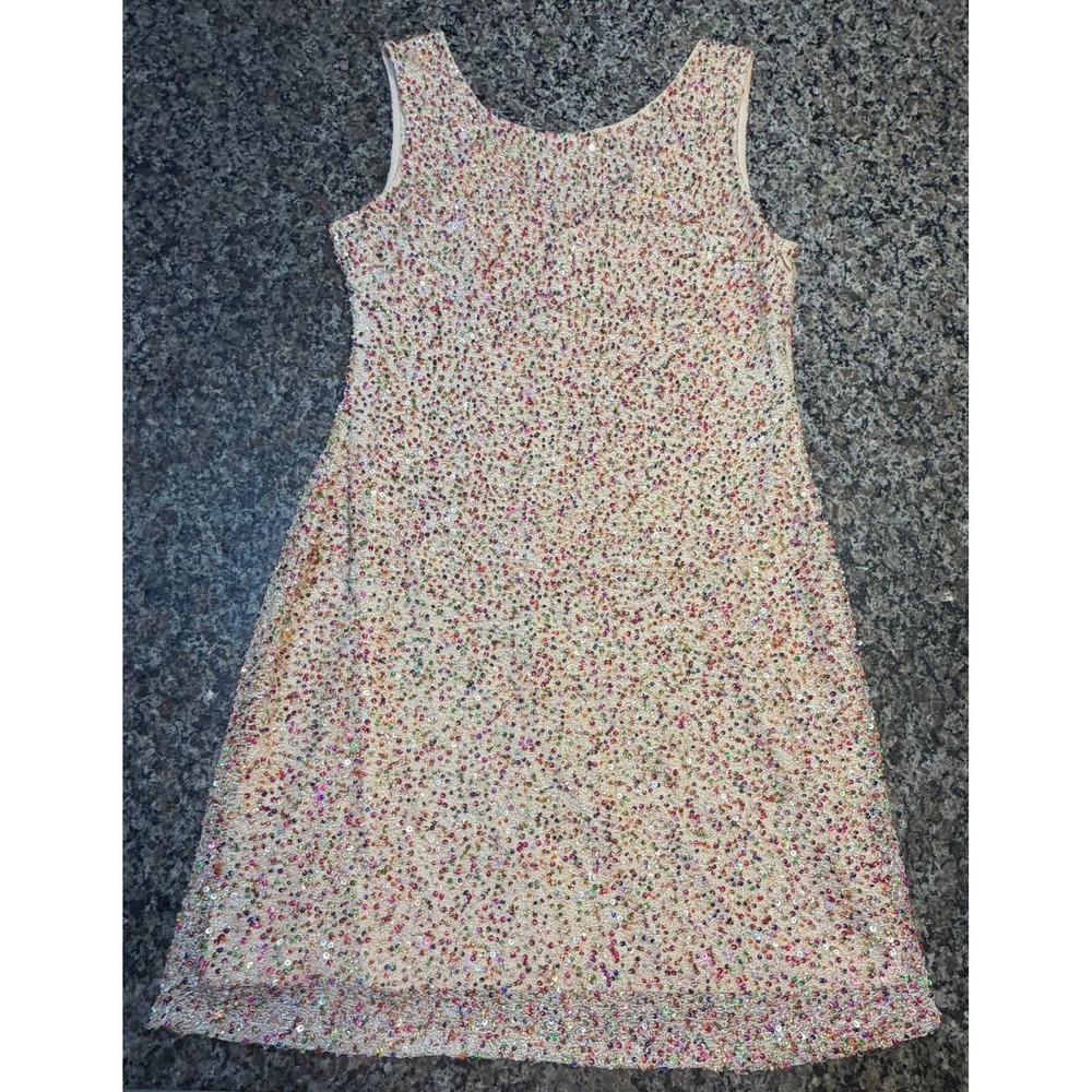 Gianni Bini Womens Multi‎ Color Sequin Beaded Mesh Shift Dress V-Neck Gold S